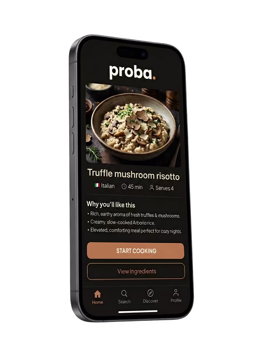 Proba app — dish discovery card